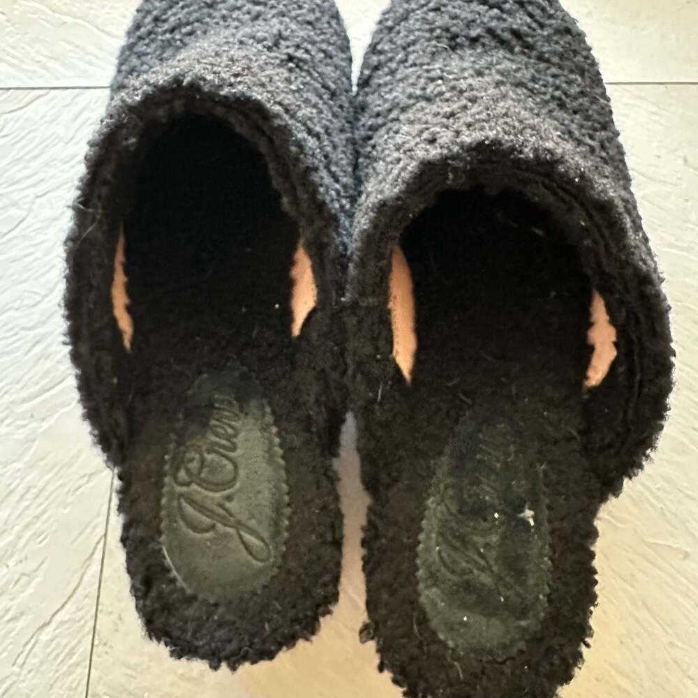 J Crew Faux Fur Sherpa Black Wooden Clogs Shoes Women Size 6 - Picture 4 of 7